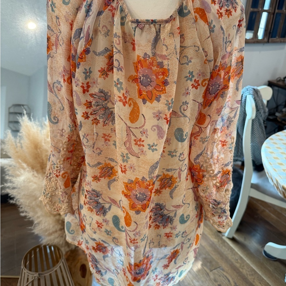 Floral Crochet-Trim Peasant Top - Pink, Orange, Blue. - Picture 6 of 10